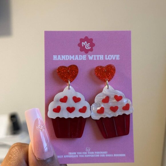 Heart Cupcake Earrings | Cute Valentine’s Day Statement Jewelry - Picture 4 of 4